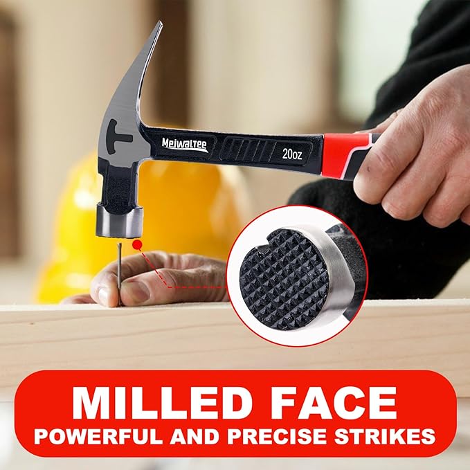Meiwaltee 20 oz Heavy Duty One-piece Forged Hammer, Straight Claw Hammer with Magnetic Nail Holder, Rip Claw Hammer with Milled Face & Shock-Absorbing Reduction Grip
