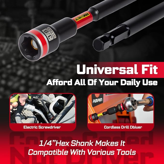 Impact Nut Driver Set, 10 Pieces 2.56???쒵ong 3/8?? Point Alloy Steel Magnetic SAE Nut Setter Set Use For Require Installing 1/4 Hex Shank Impact Driver with Case Box