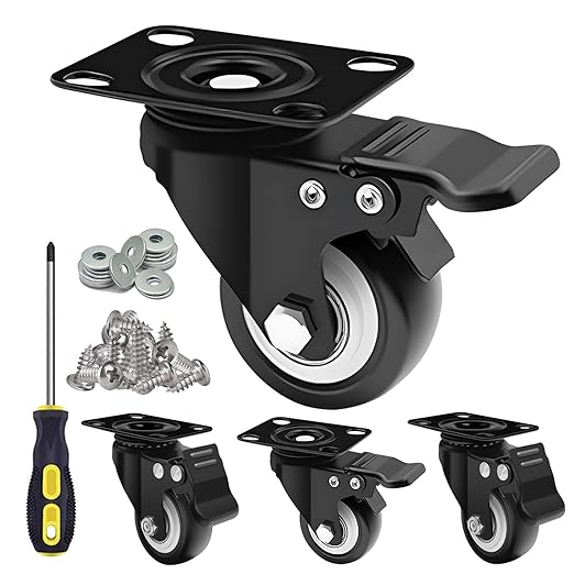 MSH&HCE 2 Inch Heavy Duty Locking Caster Wheels with Brake - 360째 Swivel, 600lb Capacity - Quiet Casters for Furniture, Tables, Workbenches- Includes Screws, washers & Screwdriver(Set of 4)