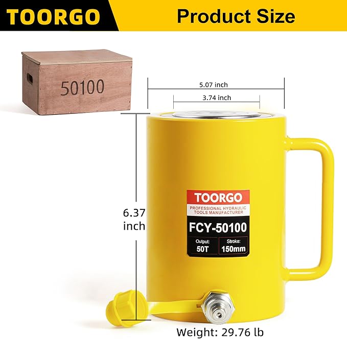 50T 4Inch Stroke Porta Power Single Acting Lifting Cylinder for Shipbuilding, Machinery and Industry,Automatically Retract Split Hydraulic Cylinders Jacks, Yellow