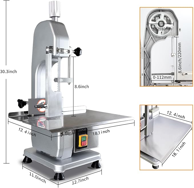 750W Commercial Electric Meat Bandsaw 110V Electric Bone Saw Machine, Thickness Range 0.16-4.3 Inch, Table Sawing for Cutting Rib, Frozen Meat with 5 Saw Blades and 18.1" x 12.4" Workbench