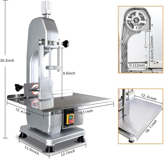 750W Commercial Electric Meat Bandsaw 110V Electric Bone Saw Machine, Thickness Range 0.16-4.3 Inch, Table Sawing for Cutting Rib, Frozen Meat with 5 Saw Blades and 18.1" x 12.4" Workbench