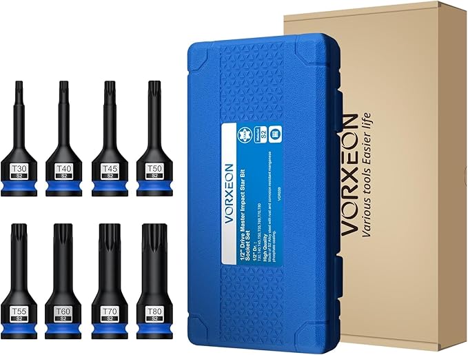 8 Pcs 1/2" Drive Torx Star Impact Bit Socket Set S2 Alloy Steel One-piece forged With Storage Case T30, T40, T45, T50, T55, T60, T70, T80