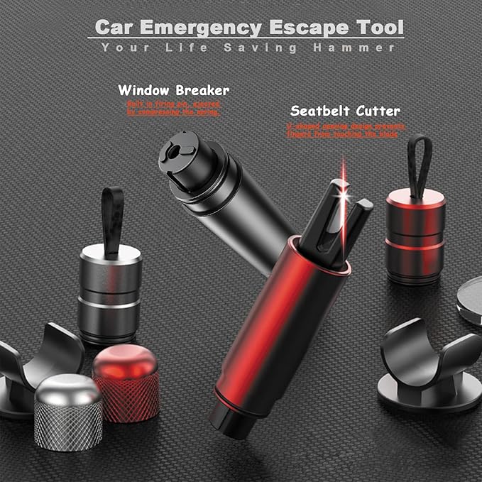 2-in-1 Emergency Car Escape Tool - Spring-Loaded Window Breaker & Seatbelt Cutter, Compact Lifesaver for Families, Portable Keychain Design (Red)