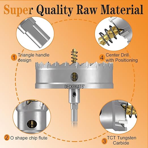 5" TCT Hole Saw for Hard Metal, Heavy Duty 127mm Tungsten Carbide Tipped Hole Cutter with Spring-Loaded Pilot Drill Bit for Stainless Steel, Metal, Iron, and Plastic