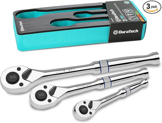 DURATECH 3-Piece Drive Ratchet, 1/4", 3/8", 1/2" 90-Tooth Quick-Release Ratchet Wrench, Reversible, Cr-V Made, Full Polished - with EVA Organizer, Gifts for Men Gifts for Women Gifts for Dad
