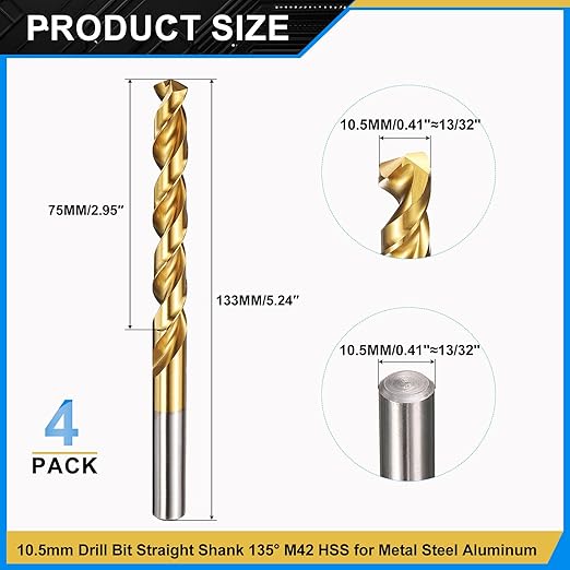 PATIKIL 10.5mm Drill Bit, M42 8% Cobalt High-Speed Steel Jobber Straight Shank 135° Titanium Nitride (TiN) Coated for Hard Metal Stainless Steel - 4 Pack