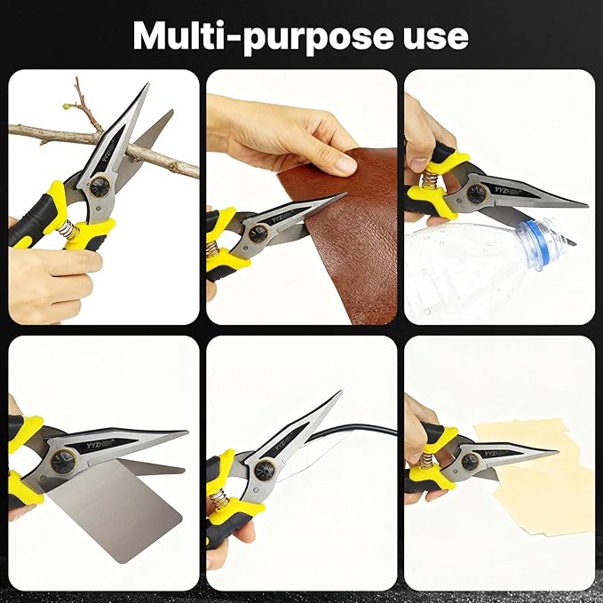 Heavy Duty Scissors 9 Inch Aviation Tin Snips, Straight Metal Cutter with Stainless Steel Blade & Comfort Grips, Multifunction Cutting of Branches, Cable Wires, Cardboard