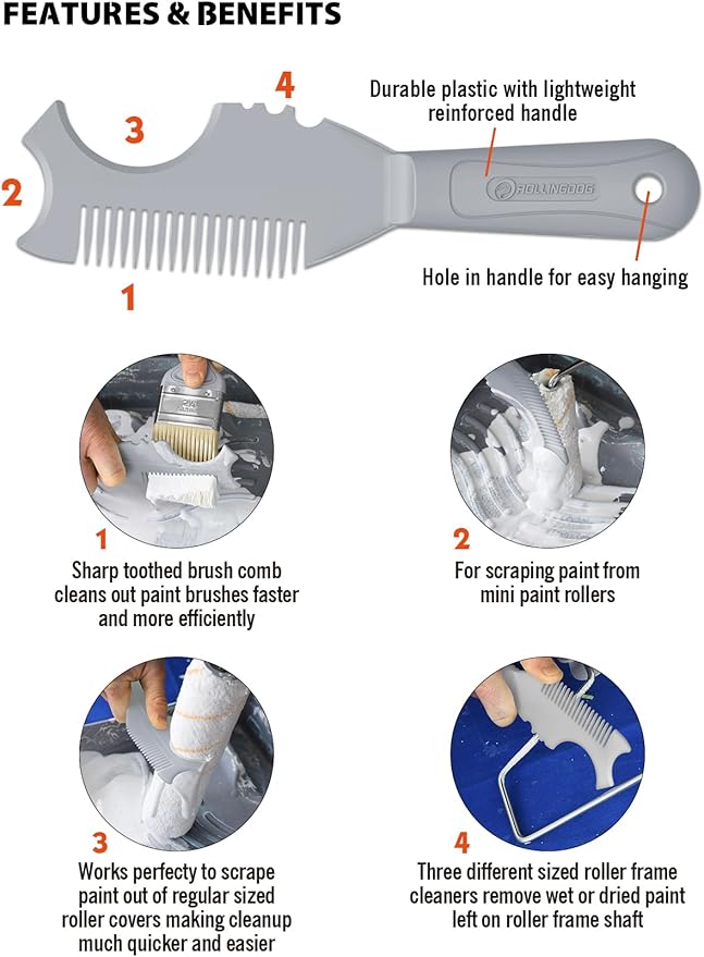 ROLLINGDOG Paint Brush/Roller Cleaner Tool - Durable Plastic Paint Brush Comb with Lightweight Reinforced Handle,Wash and Reuse