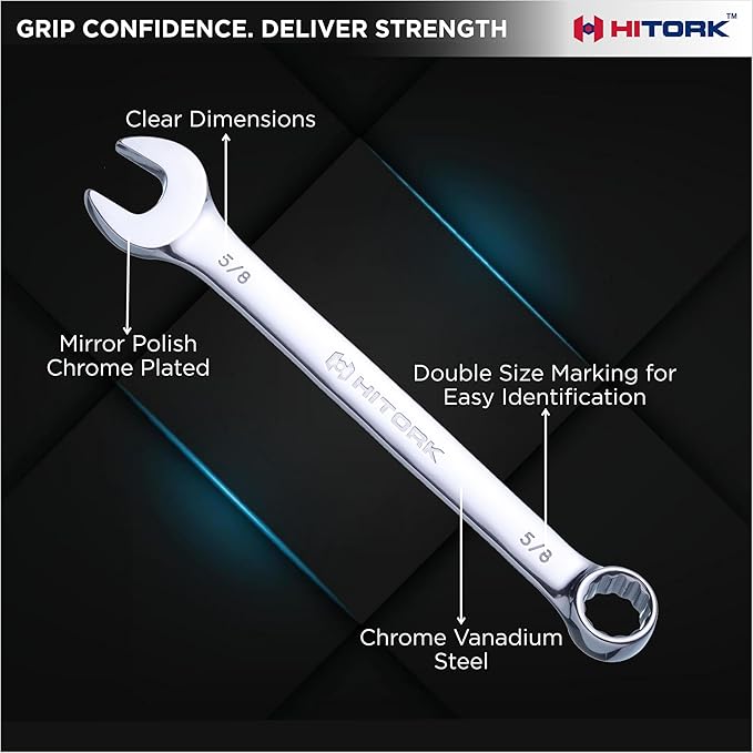 Hitork 11 Piece Combination Wrench Set with Roll Pouch, SAE Sizes (1/4" - 7/8"), Drop Forged Cr-V Steel, Chrome Plated Mirror Finish, 12 Point Box End, 15째 Offset, Exceeds ANSI Standards