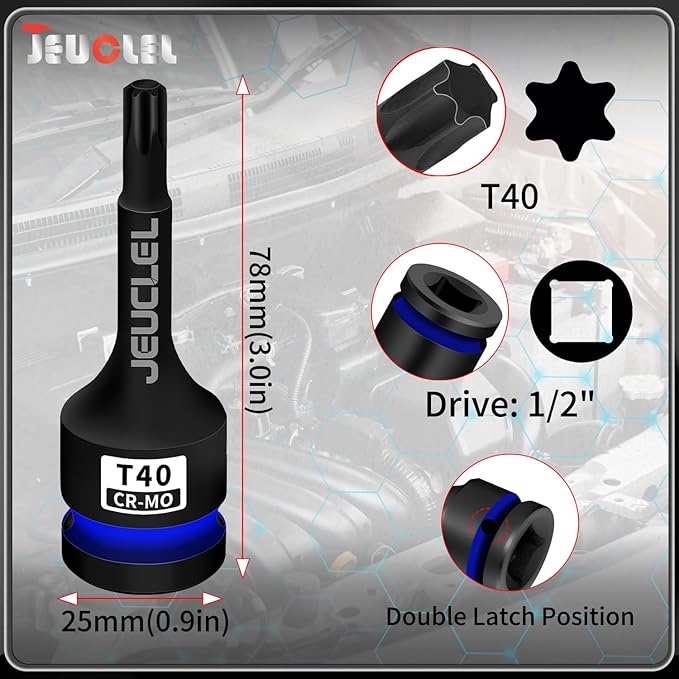T40 Torx Bit Socket, 1/2" Drive Torx Star 6 Point Impact Bit Socket, 3-Inch, Cr-Mo Steel, Screwdriver Adapter for Electric Ratchet Wrenches Fastening Screws Hand Repair