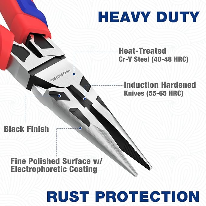 WORKPRO Premium 6??Needle Nose Pliers, Paper Clamp Precision, Heavy-Duty CRV Steel, Soft Grip with Wire Cutter, Long Nose Cutting Pliers