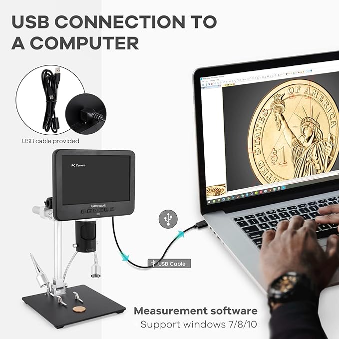 Andonstar AD246S-M HDMI Digital Microscope 2000x for Adults, 3 Lens 2160P UHD Video Record, 7 Inch LCD Soldering Microscope for Electronics Repair, Error Coins, Pro Boom Arm Stand, Windows Compatible