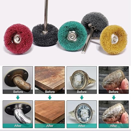 100Pcs Abrasive Buffing Wheels, 1 Inch Buffing Polishing Wheel Set with 1/8 Inch Shank, 20Pcs Each of 80 150 240 400 600 Grit Scouring Pad Abrasive Wheel for Power Rotary Tool, Rust Removal, Polishing