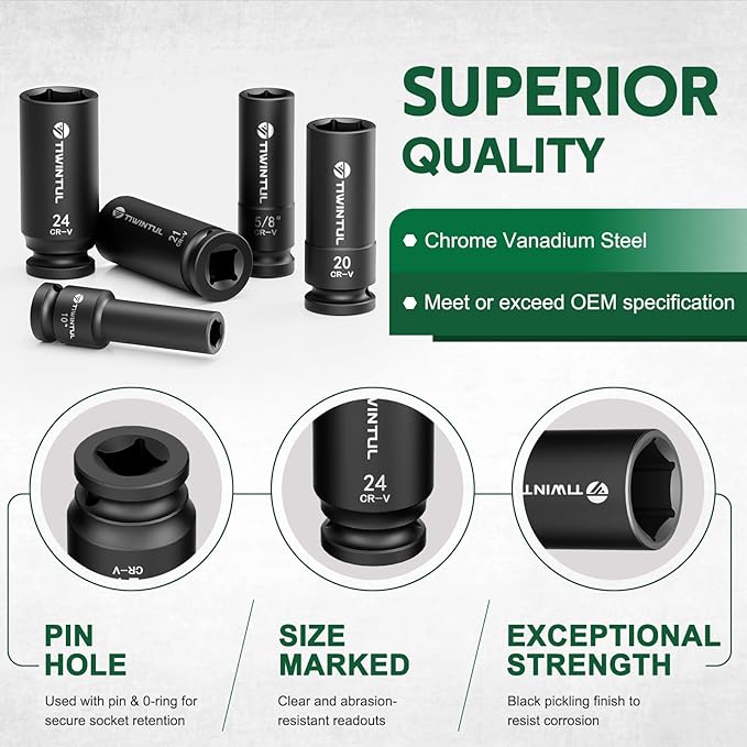 1/2" Drive Impact Socket Set, 32-Piece, SAE 3/8"-1" & Metric 10-24mm, CR-V Steel Deep Lug Nut Sockets Set with 3", 5" & 10" Extensions Bar, Joint & Adapter, Storage Case for Automotive Reapir