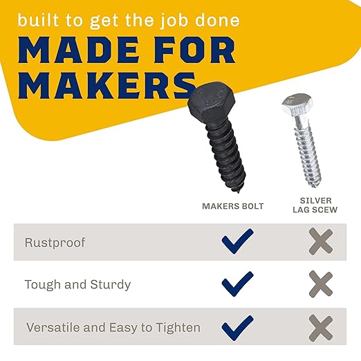 1/2" x 2?? 25-Piece Black Lag Bolts, Rustproof 4-Layer Ceramic BLAKOTE, 2X Protection of Galvanized Lag Screws, for Decks Pergolas by Makers Bolt