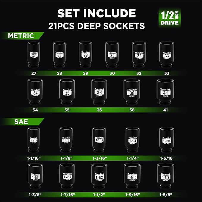 1/2" Drive Deep 6-Point Impact Socket Set, 21-Piece Spindle Axle Nut Impact Socket Set, CR-MO, SAE (1-1/16-Inch to 1-5/8-Inch) and Metric (27mm to 41mm)