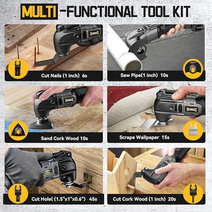 Cordless Oscillating Tool for Dewalt 20V Battery, 6 Variable Speed Brushless-Motor Tool, Oscillating Multi Tool Kit for Cutting Wood Drywall Nails Remove Grout & Sanding(Battery Not Included)