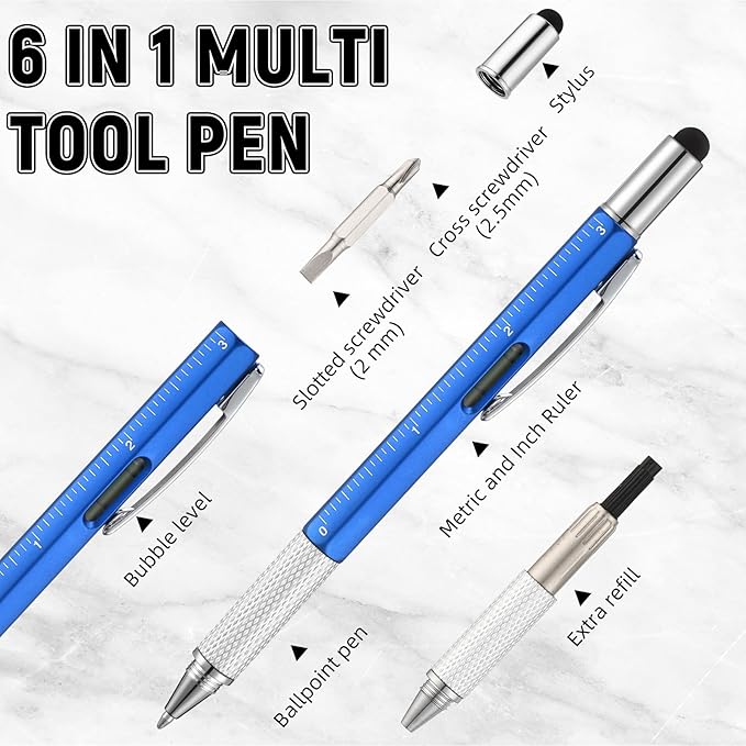 Yeaqee 60 Pcs Stocking Stuffers Bulk Gifts for Men 6 in 1 Party Favor Father's Christmas White Elephant Gifts Multi Tool Pens with Ruler, Level Gauge for Adult (Novel Color)