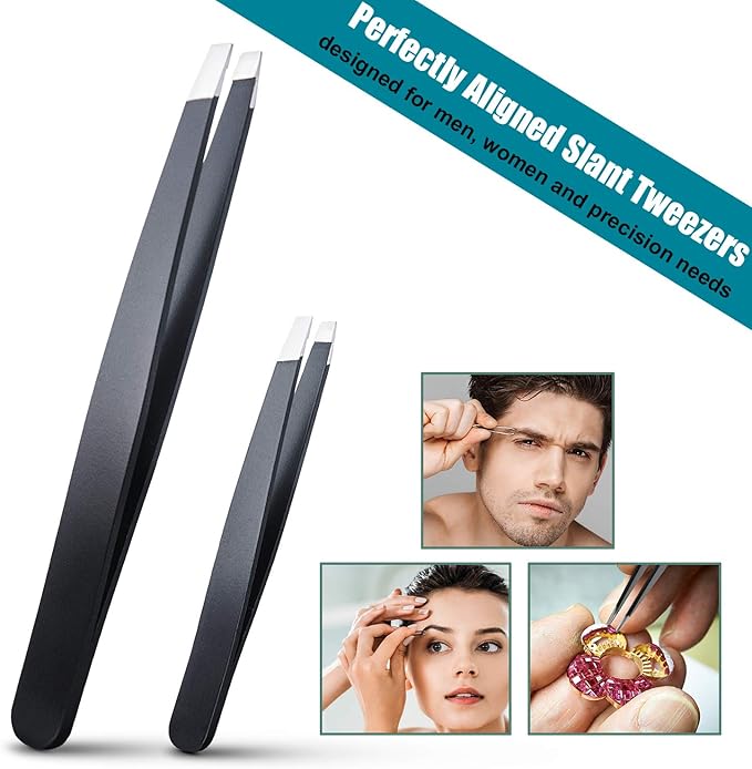 LePinko 2PCS Tweezers Set for Women and Men, Precision Tweezer kit for Ingrown hair, Facial Hairs, Chin Hair, and Splinter Removal, Professional Eyebrow Plucker Tweezers, Black