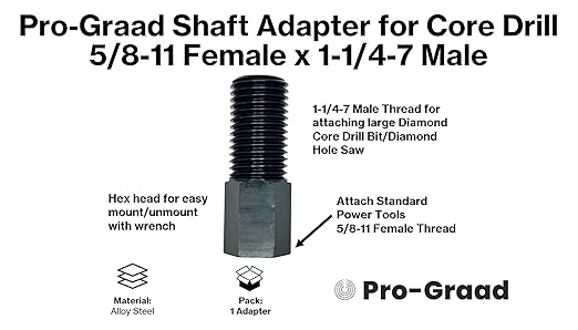 Shaft Adapter for Core Drill Hole Saw, 5/8"-11 Female Thread to 1-1/4"-7 Male Thread, for Use with Diamond Hole Saw & Diamond Core Drill Bits