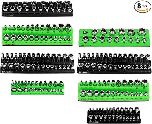 Magnetic Socket Organizer Holder Tool: 8PCS Set includes 2PCS 1/4", 4PCS 3/8", 2PCS 1/2" Drive Socket Storage Trays Toolboxs, Holding 199 Slots Soft Rubber Covering Black Green (sockets not included)