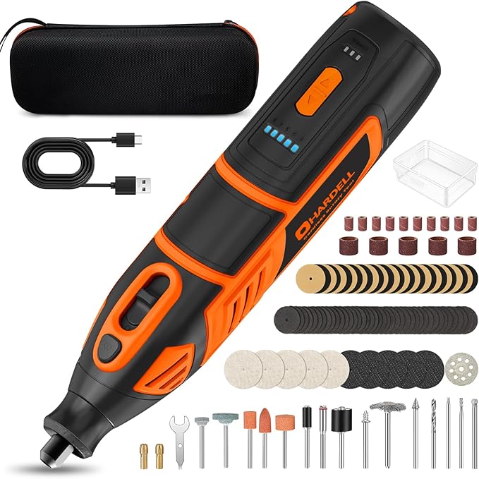 HARDELL 12V Cordless Rotary Tool Kit, 5-Speed (8000-35000 RPM), 2AH Battery Power Rotary Tools 80pc Accessories for Sanding, Polishing, Carving, Cutting, Drilling, DIY Crafting (Black&Orange)