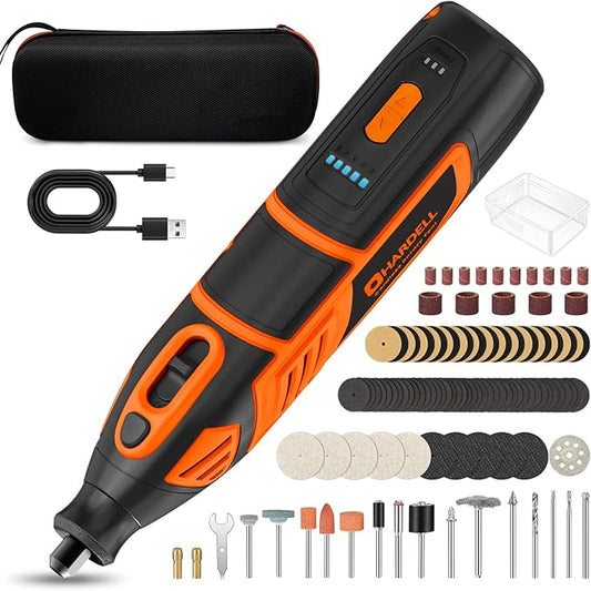 HARDELL 12V Cordless Rotary Tool Kit, 5-Speed (8000-35000 RPM), 2AH Battery Power Rotary Tools 80pc Accessories for Sanding, Polishing, Carving, Cutting, Drilling, DIY Crafting (Black&Orange)