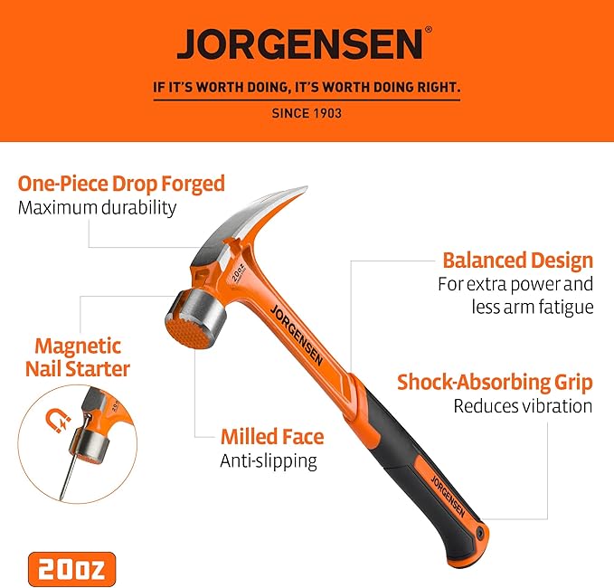 Jorgensen 20 oz Straight Claw Hammer with Magnetic Nail Holder, Rip Claw Hammer with Milled Face, Side Nail Puller, Shock Absorbing Grip, Heavy Duty One-piece Forged Hammer