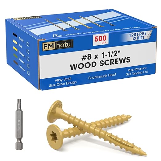 #8 x 1-1/2” Deck Screws, 500Pcs Star Drive Wood Screws, Rust Resistant Timber Screws for Timber/Log/Landscaping Wood, T20 Star Bit Included, Yellow