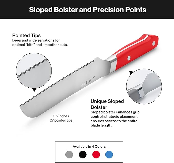 Misen Serrated Bread Knife - High-Carbon Japanese AUS8 Steel - Perfect for Soft Foods, Bread, Pastries, and Fruits - Verstatile Slicer, Razor-Sharp Edge, Durable Blade, Ergonomic Handle - 5", Red