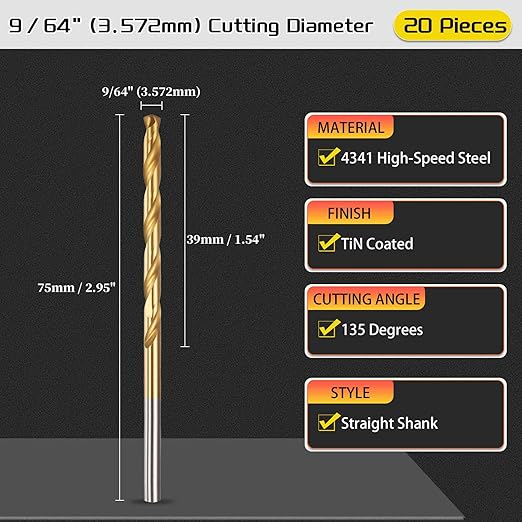 Drill Bit, 9/64" Cutting Diameter, 4341 HSS Jobber Bits TiN Coated 135° Cutting Angle - (Applications: for Drilling Soft Metal Plastic Wood), 20-Pieces