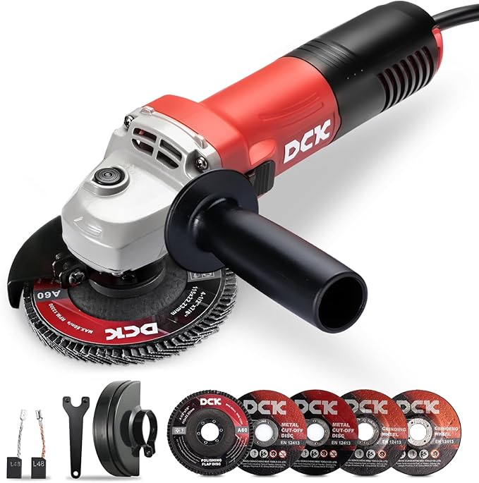 Angle Grinder, 4-1/2-Inch, 6.7Amp Cut off Tool Grinder, 11,800 RPM with 2 Safety Guards, 6-Piece Discs (2 Cutting/2 Grinding/2 Flap Discs), Professional Angle Grinder for Metal, Wood (KSM09-115S）