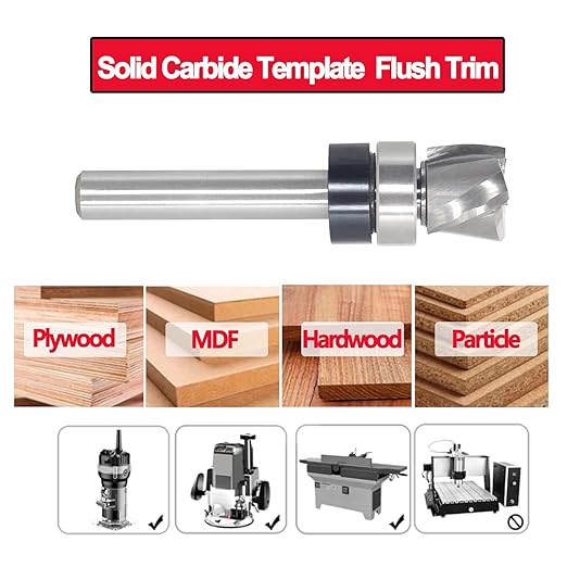 Flush Trim Router Bit 1/4 Shank, Down-Cut Carbide Head 3-Flute, 1/2" Diameter, 3/8" Cutting Length, Pattern Template Spiral Flush Trim Router Bit, for Grooves, Bottom Cleaning, Wood Trimming