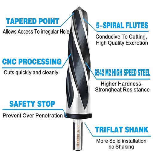 DKIBBITH 1-3/8" Bridge Construction Reamer Drill Bit, M2 HSS Taper Chucking Reamer for Steel Alloy Metal Wood Plastic, 1/2" Non-Slip Shank, 5-Spiral Flutes Car Reamer, to Align or Enlarge Holes, 35mm