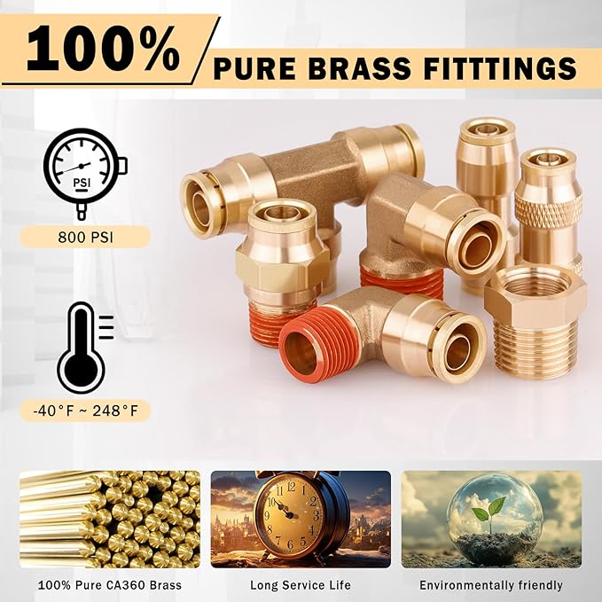 CheeMuii 100 PCS Brass DOT Air Line Fittings with 100FT 1/4" and 100FT 3/8" DOT Air Line Kit Push Lock Air Fitting Quick Connect & NPT Thread Fittings with Pneumatic Tubing