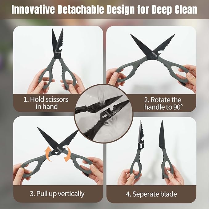 Kitchen Scissors All Purpose, Extra Sharp Kitchen Shears with Knife Sharpener & Sheath, Solid & Durable Stainless Steel Scissors with ANTI-RUST Black Titanium Plated, Dishwasher Safe - Grey