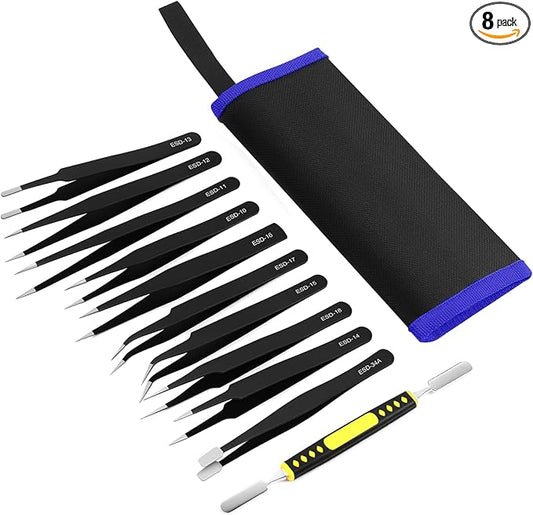 Ainiv Precision Tweezers Set, 11PCS Anti-Static ESD Tweezers Set, Non-Magnetic Stainless Steel Curved Tweezers Set for Modeling, Electronic, Handicraft, Laboratory, Jewelry, Beauty Eyebrow Eyelash etc