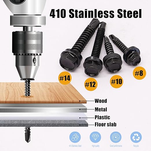 weideer 840pcs #8#10#12#14 Self Tapping Screws for Metal,410 Stainless Steel Screws Assortment Kit, Black Hex Washer Head Quick Tapping Screw with Rubber Washer (420 Sets) K-189-BK