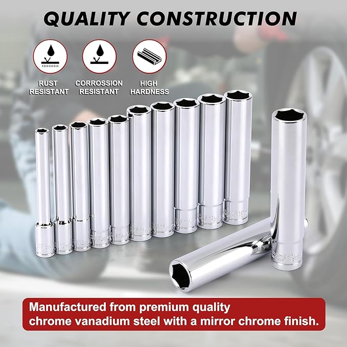 CASOMAN 12 PCS 3/8-Inch & 1/2-Inch Drive Extra Deep Socket Set with Storage Case, 6 Point, 8mm to 19mm, Metric, CR-V, Include Adapters