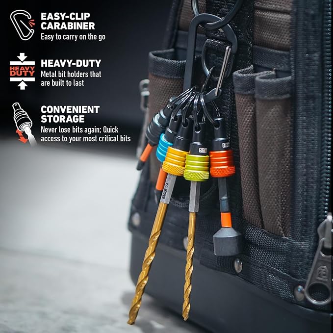 Railer Bit Holder Keychain 5pc - 1/4 inch Hex Shank Bit Holders - Quick-Change Design for Nut Driver, Screwdriver & Drill Bits, Include Keychain Carabiner (Multi-Color)