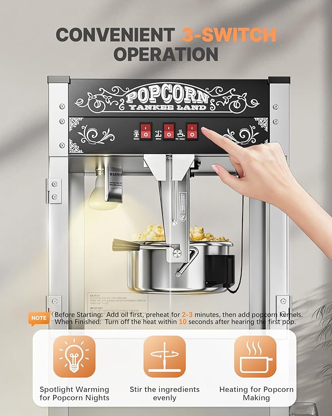 16 Oz Commercial Popcorn Machine, 1440 W, Movie Theater Popcorn Machine, Black Tabletop Pop Corn Machine with 3-Switch Control & Steel Frame Tempered Glass Doors