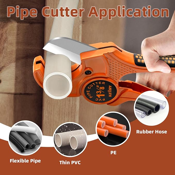 Kerry Hose Pipe Cutter, Up to 1-3/8" Ratcheting Heavy-Duty PEX POLY PE Plastic Hoses and Plumbing Tube Cutting Tool, Sharp Stainless Steel Blades, Thicken Aluminum Body Extended Handle