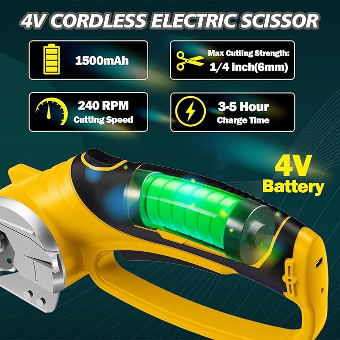 Cordless Electric Scissors, 4V Rechargeable Box Cutter & Cardboard Cutter with Titanium Blade, LED Light, Safety Lock - Rotary Cutter for Fabric, Leather, Carpet, Plastic, Crafting, Sewing(Yellow)