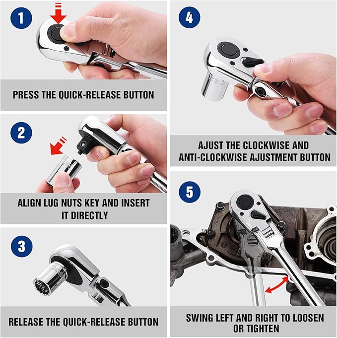 WORKPRO 1/2 inch Drive Extra Long Flex Head Ratchet, 24 Inch Long CR-V Steel Ratchet Handle with Chromium Plating, CR-MO Head, Quick Release Reversible Design, 72-Tooth