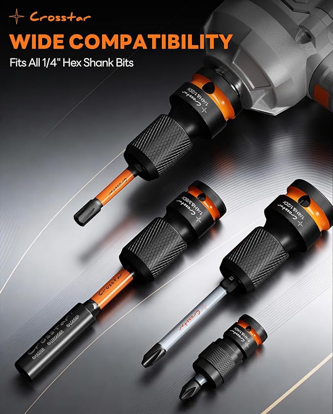 Crosstar Impact to 1/4 Hex Converter Set,Screwdriver Bit Holders,for Electric & impact Wrenches,Cr-Mo Steel,1/2 3/8 1/4-Inch Square Drive Female to Hex Socket, Quick Release Chuck Adapter,4 Pcs