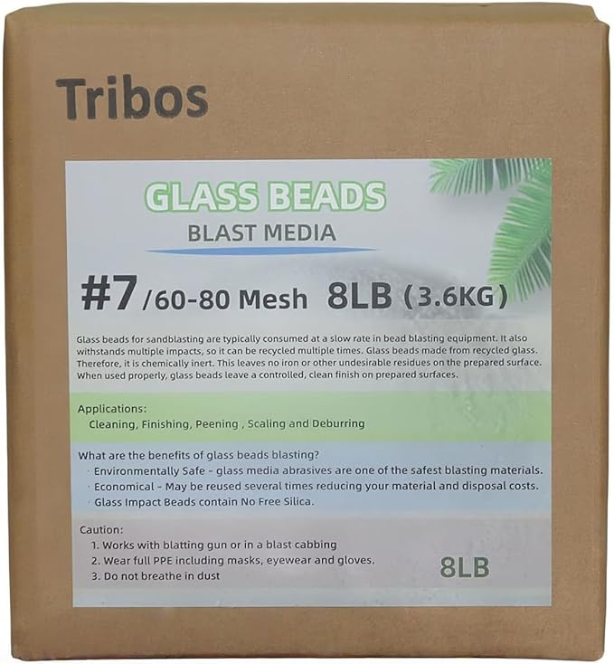 Glass Bead Media for Sandblasting ??8LB Non-Silica Reusable Blasting Abrasive for Rust Removal & Surface Finishing ??Multiple Mesh Options (# 7 (60~80Mesh))