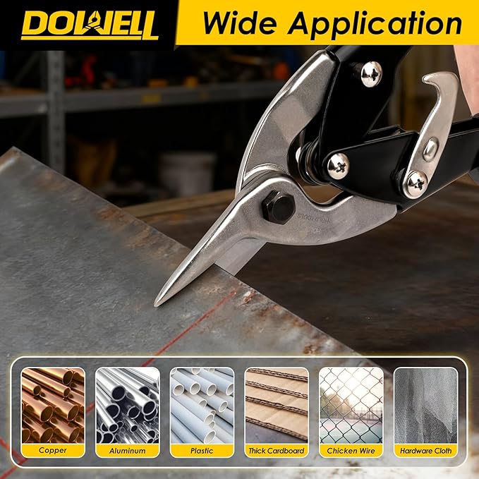 DOWELL 10 Inch Aviation Tin Snips Right, Heavy Duty Cut Metal Shears for Sheet Metal, Chrome Vanadium Steel Blade, Ideal for DIY Enthusiasts, Handymen and Industrial Repairs