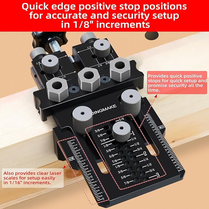 Dowel Jig Kit with Quick Positive Stop and Clamp, Adjustable Doweling Jig for Drill 1/4, 3/8 and 1/2 Inch Accurate Straight Dowel Holes, Fit Any Thickness Wood Joints, for Cabinet, Furniture