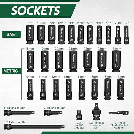 1/2" Drive Impact Socket Set, 32-Piece, SAE 3/8"-1" & Metric 10-24mm, CR-V Steel Deep Lug Nut Sockets Set with 3", 5" & 10" Extensions Bar, Joint & Adapter, Storage Case for Automotive Reapir